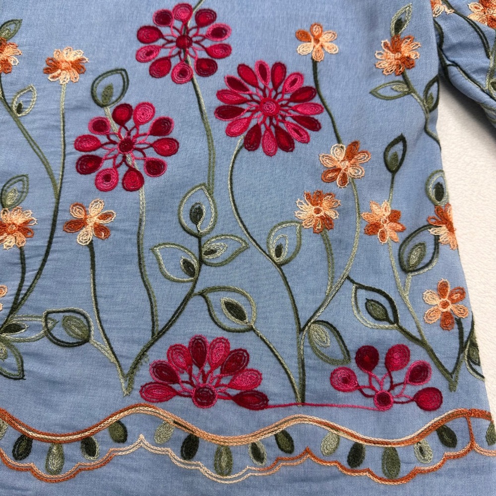Ana & Rose Blouse Top Blue Floral Embroidered Boho Garden Summer Women's Size M - Picture 3 of 9